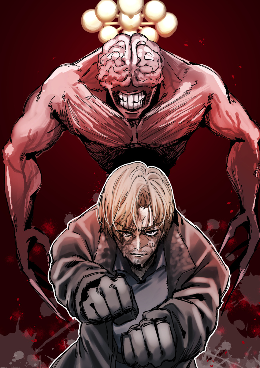 1boy, behind_another, black_coat, black_gloves, blonde_hair, brain, clenched_hands, clenched_teeth