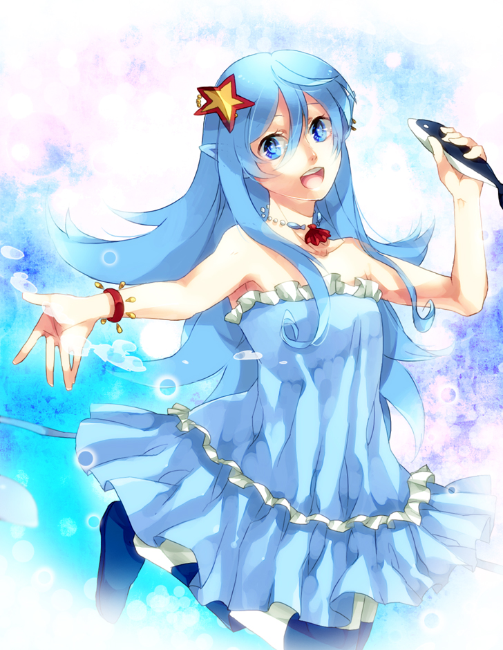 bermuda_triangle, blue_eyes, blue_hair, bracelet, cardfight!!_vanguard, dress, fish, hair_ornament