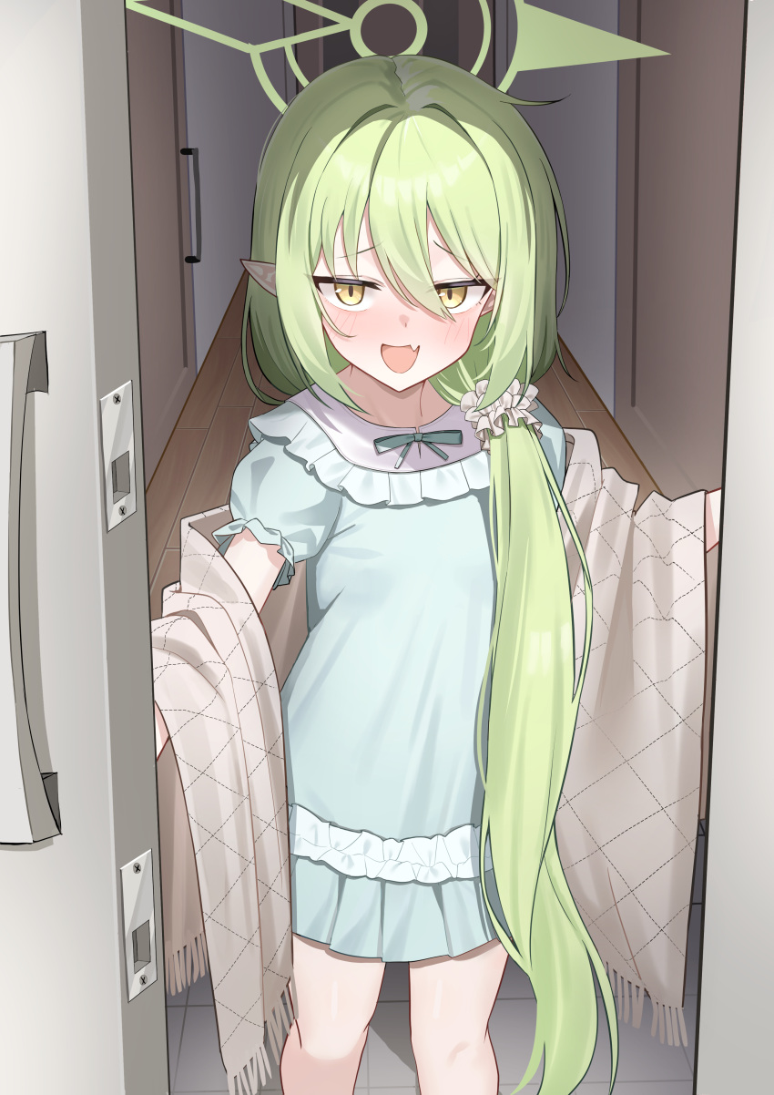 1girl, absurdres, aqua_dress, blue_archive, blush, commentary_request, doorway, dress, fang, frilled_dress, frills, green_hair, grey_shawl, hair_over_shoulder, halo, highres, long_hair, looking_at_viewer, nozomi_(blue_archive), nozomi_(kujibikido)_(blue_archive), official_alternate_costume, olecafe2, pointy_ears, pov_doorway, puffy_short_sleeves, puffy_sleeves, shawl, short_sleeves, skin_fang, smile, solo, very_long_hair, yellow_eyes