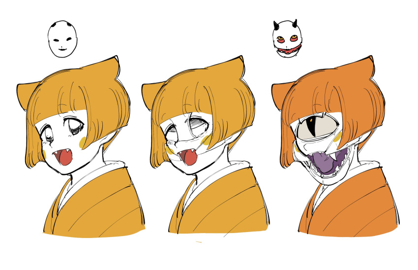 1girl, :d, angry_scarfy, blunt_bangs, blunt_ends, colored_tongue, commentary_request, cyclops