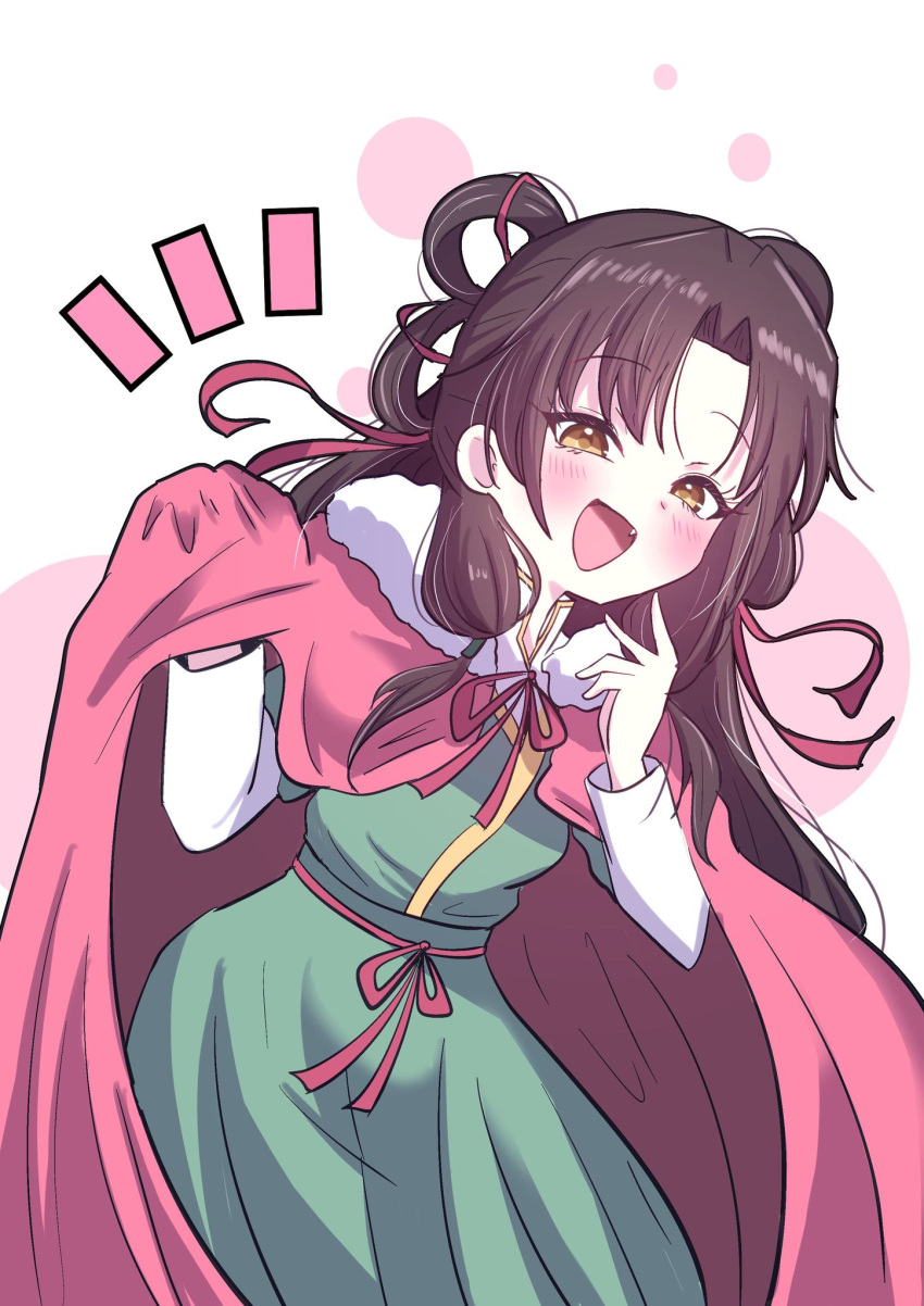 blush, brown_hair, chinese_clothes, cloak, cloak_lift, commentary_request, contrapposto, fang