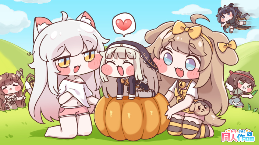 6+girls, =_=, absurdres, all_fours, animal_ear_fluff, animal_ears, antlers, bandaged_foot