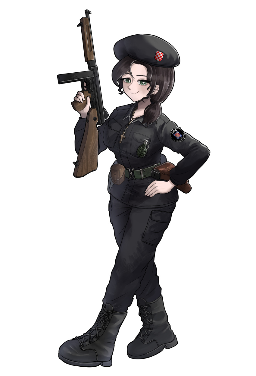 1girl, absurdres, anica_domazet, assault_rifle, beret, black_boots, black_hair, black_hat