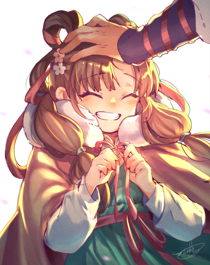 1girl, 5pieces_fighting, black_hair, blush, cherry_blossoms, chinese_clothes, cloak, closed_eyes
