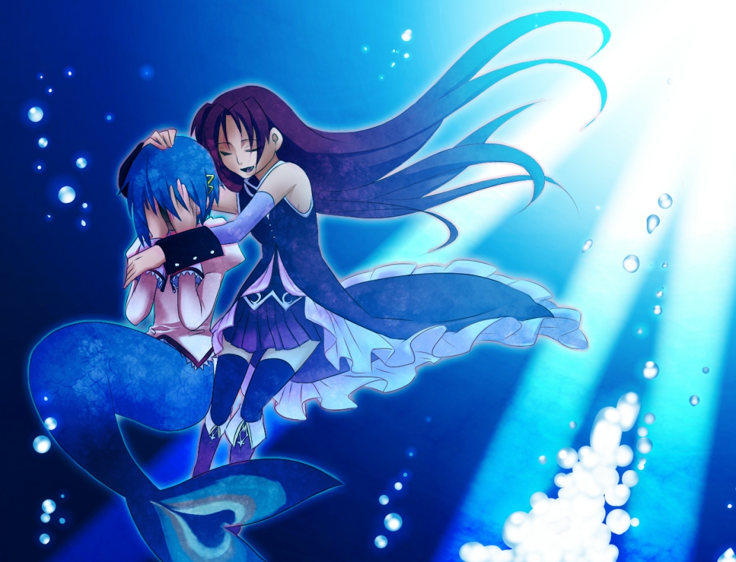 akaironomonogatari, blue_hair, long_hair, magical_girl, mahou_shoujo_madoka_magica, mermaid, miki_sayaka, monster_girl, multiple_girls, sakura_kyouko, short_hair, thighhighs, yuri