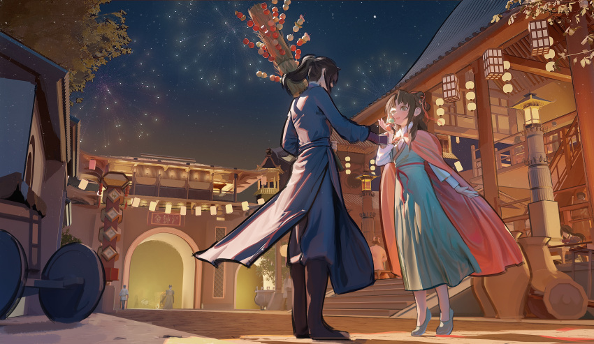 1boy, 1girl, absurdres, architecture, black_hair, blush, chinese_clothes, cloak