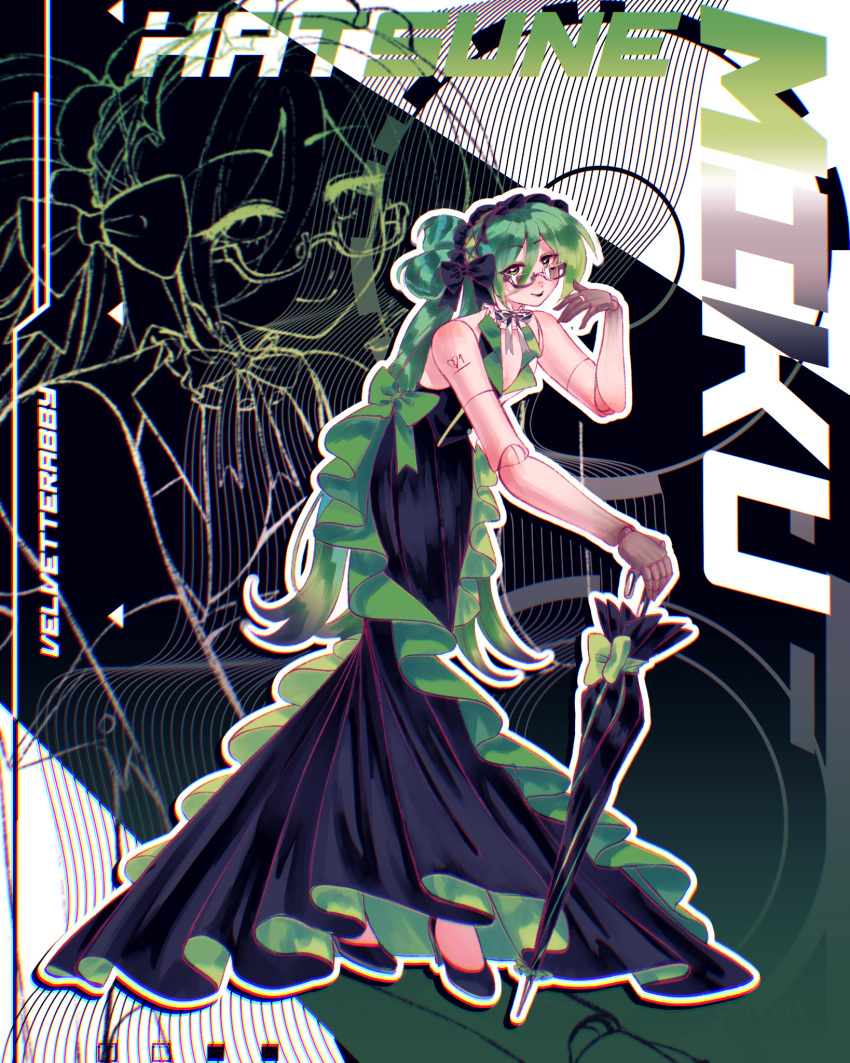 1girl, \||/, aromantic_flag, bare_arms, bare_shoulders, bespectacled, black_background, black_bow