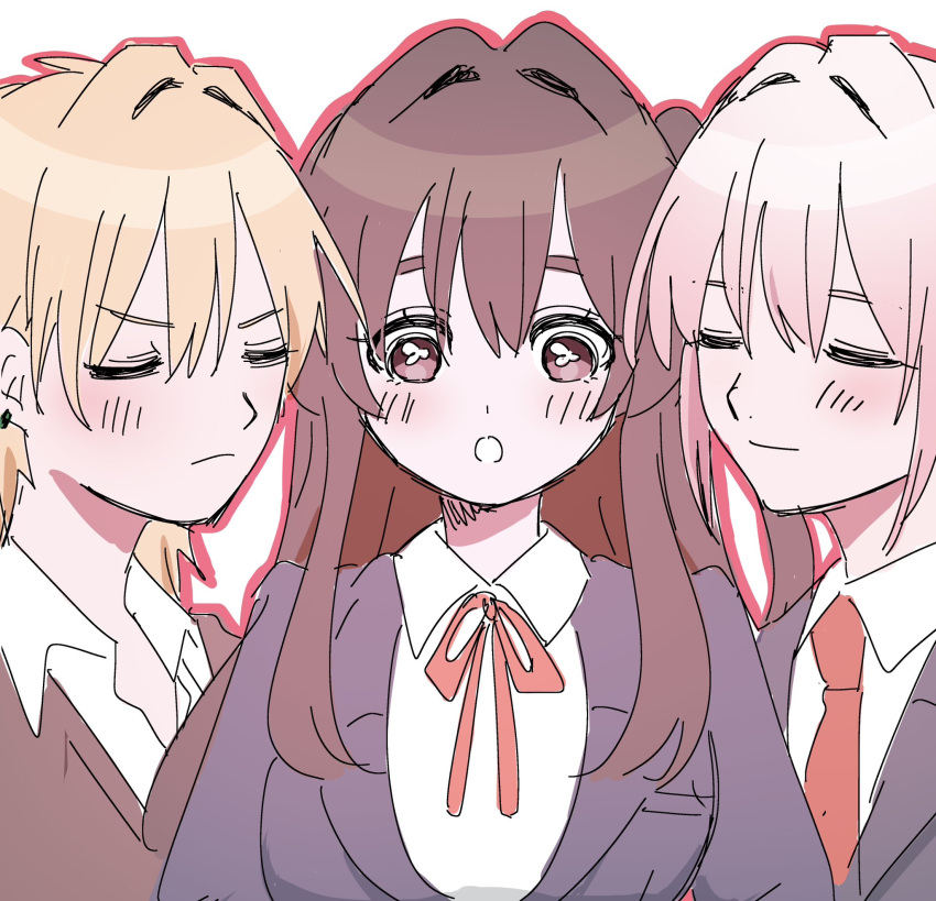1boy, 1girl, 2girls, aijou_rentarou, blonde_hair, blush, breasts, brown_hair
