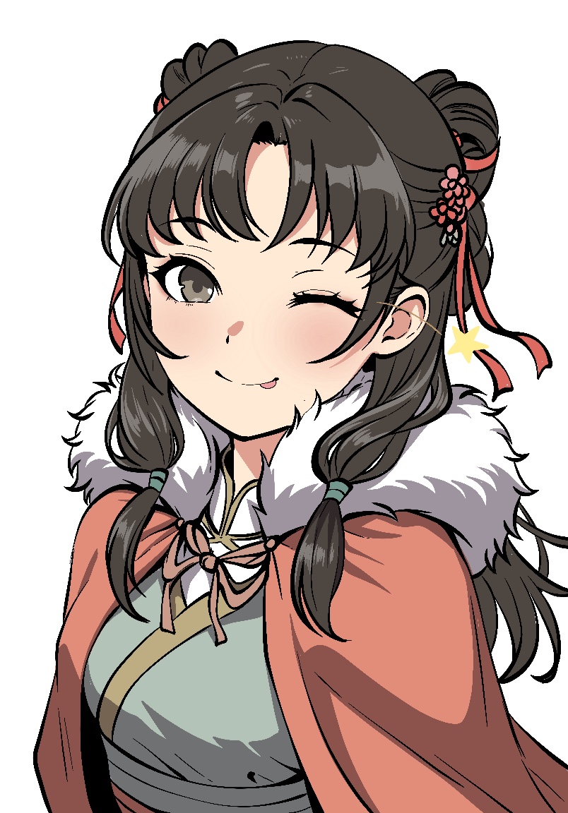 1girl, :p, black_hair, blush, chinese_clothes, cloak, commentary_request, ding36