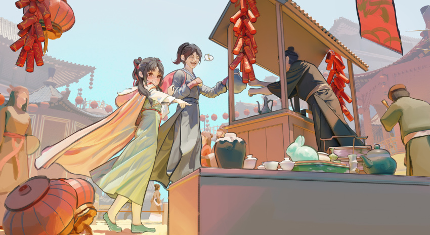 1girl, absurdres, architecture, black_hair, blush, chinese_clothes, cloak, commentary_request