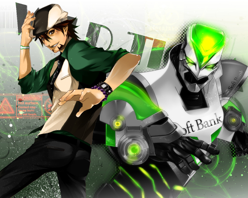 brown_eyes, brown_hair, cabbie_hat, dual_persona, facial_hair, hand_on_hat, hat, jewelry