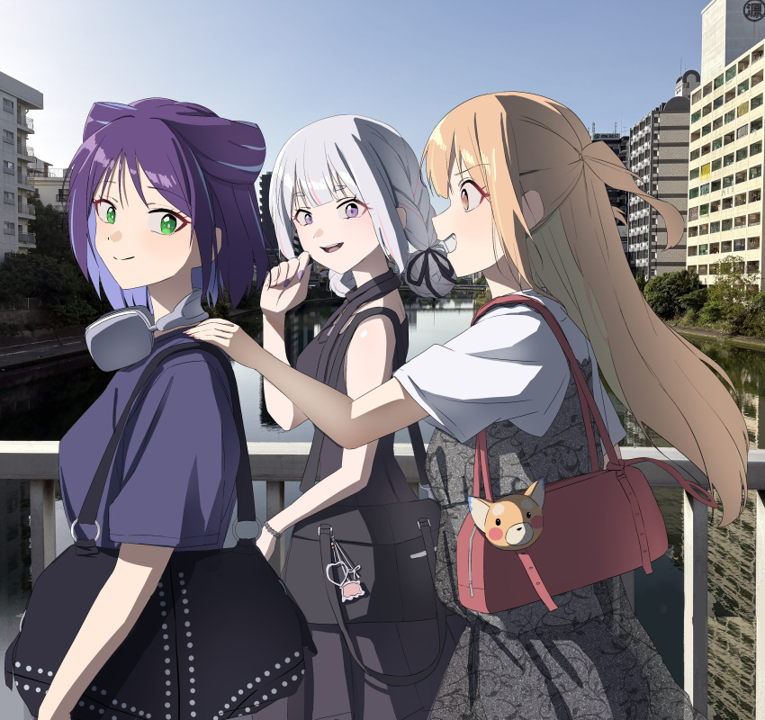 3girls, absurdres, bag, bag_charm, black_bag, black_dress, black_ribbon, blonde_hair