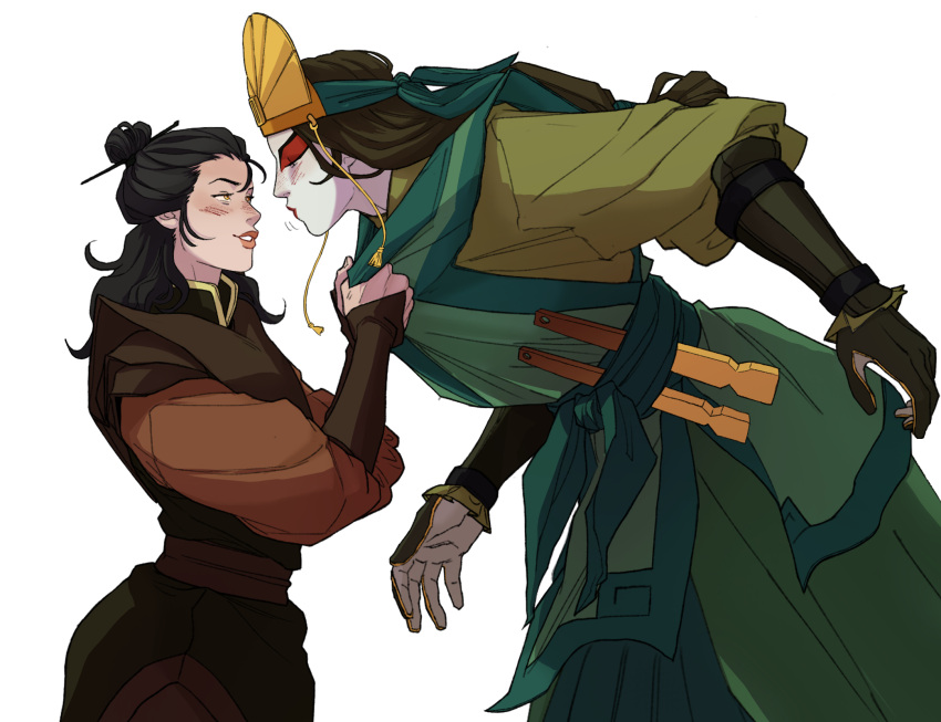 2girls, avatar_legends, black_hair, chronicles_of_the_avatar, closed_eyes, clothes_grab, collar_grab, commentary