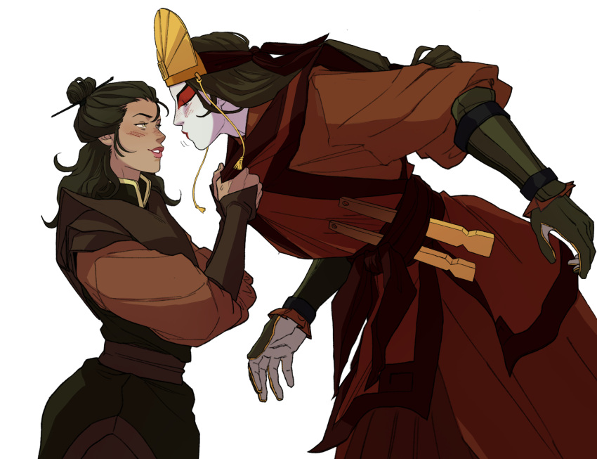 2girls, avatar_legends, black_hair, chronicles_of_the_avatar, closed_eyes, clothes_grab, collar_grab, commentary