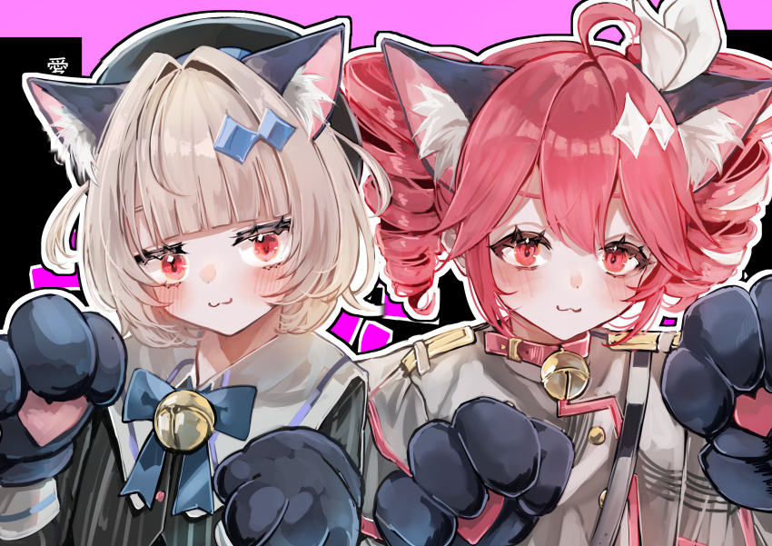 2girls, :3, absurdres, ahoge, animal_ear_fluff, animal_ears, animal_hands, bell, beret, blonde_hair, blue_ribbon, blush, cat_ears, cat_paws, collar, commentary_request, drill_hair, gloves, grey_jacket, hair_ornament, hat, highres, jacket, kasane_teto, kasane_teto_(sv), looking_at_viewer, multiple_girls, neck_bell, paw_gloves, red_eyes, red_hair, ribbon, sailor_collar, synthesizer_v, thick_eyelashes, twin_drills, ui_(voisona), ulthar_(synthesizer_v), utau, voisona, white_ribbon, yuzuno_wagiri