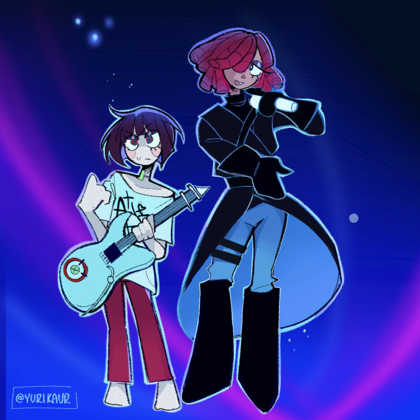 2girls, alien_stage, black_boots, black_coat, black_gloves, black_hair, blue_background, blue_eyes