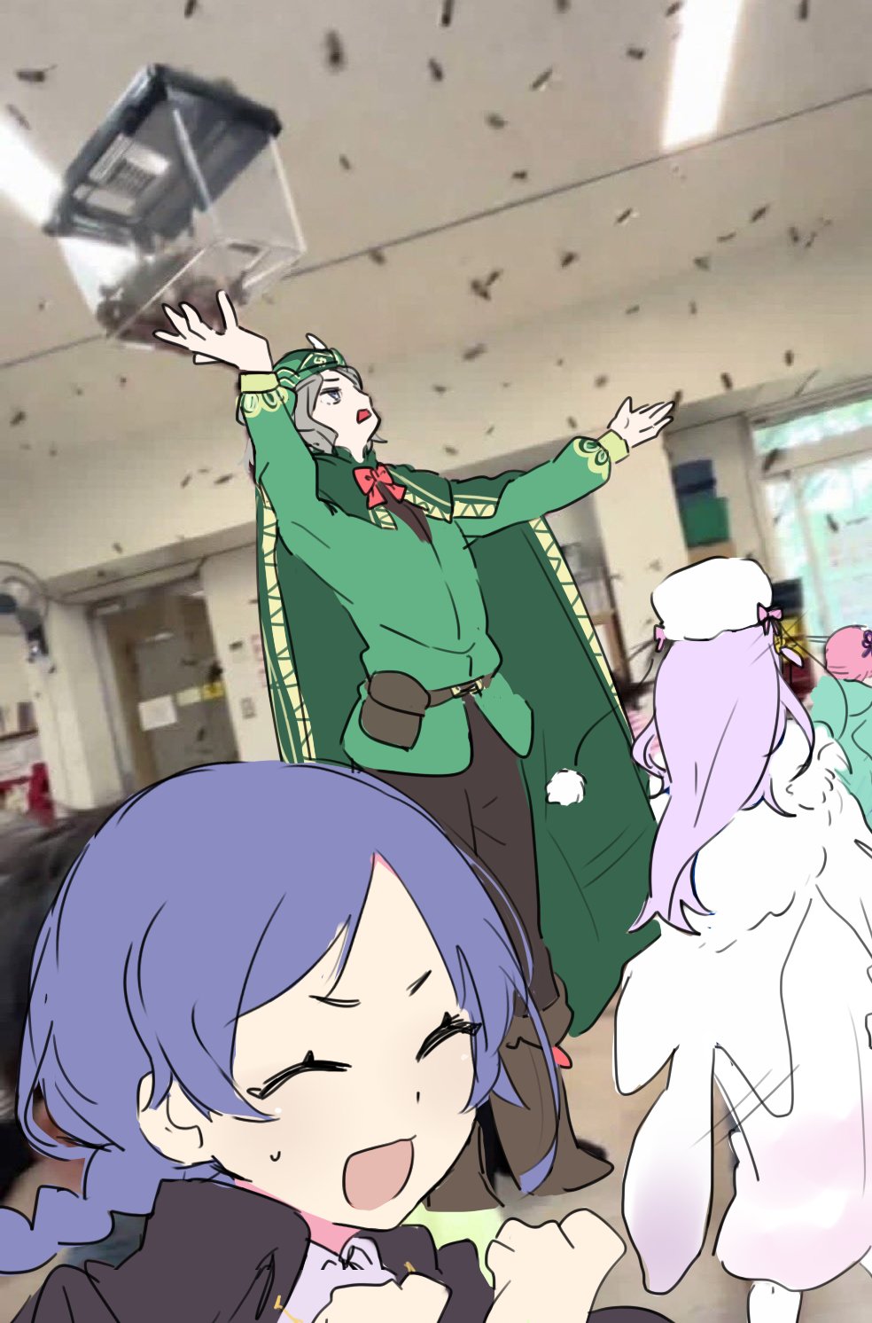 1boy, 3girls, anastasia_hoshin, black_boots, black_dress, black_pants, boots, cape, classroom, cloak, closed_eyes, commentary_request, dress, green_cape, green_cloak, green_shirt, grey_eyes, grey_hair, hat, highres, korean_kindergarten_grasshopper_spill, long_hair, long_sleeves, meili_portroute, multiple_girls, otto_suewen, pants, pink_hair, purple_hair, ram_(re:zero), re:zero_kara_hajimeru_isekai_seikatsu, running, shirt, short_hair, smile, standing, tsugumi_(tgm_615486), white_dress, white_hat