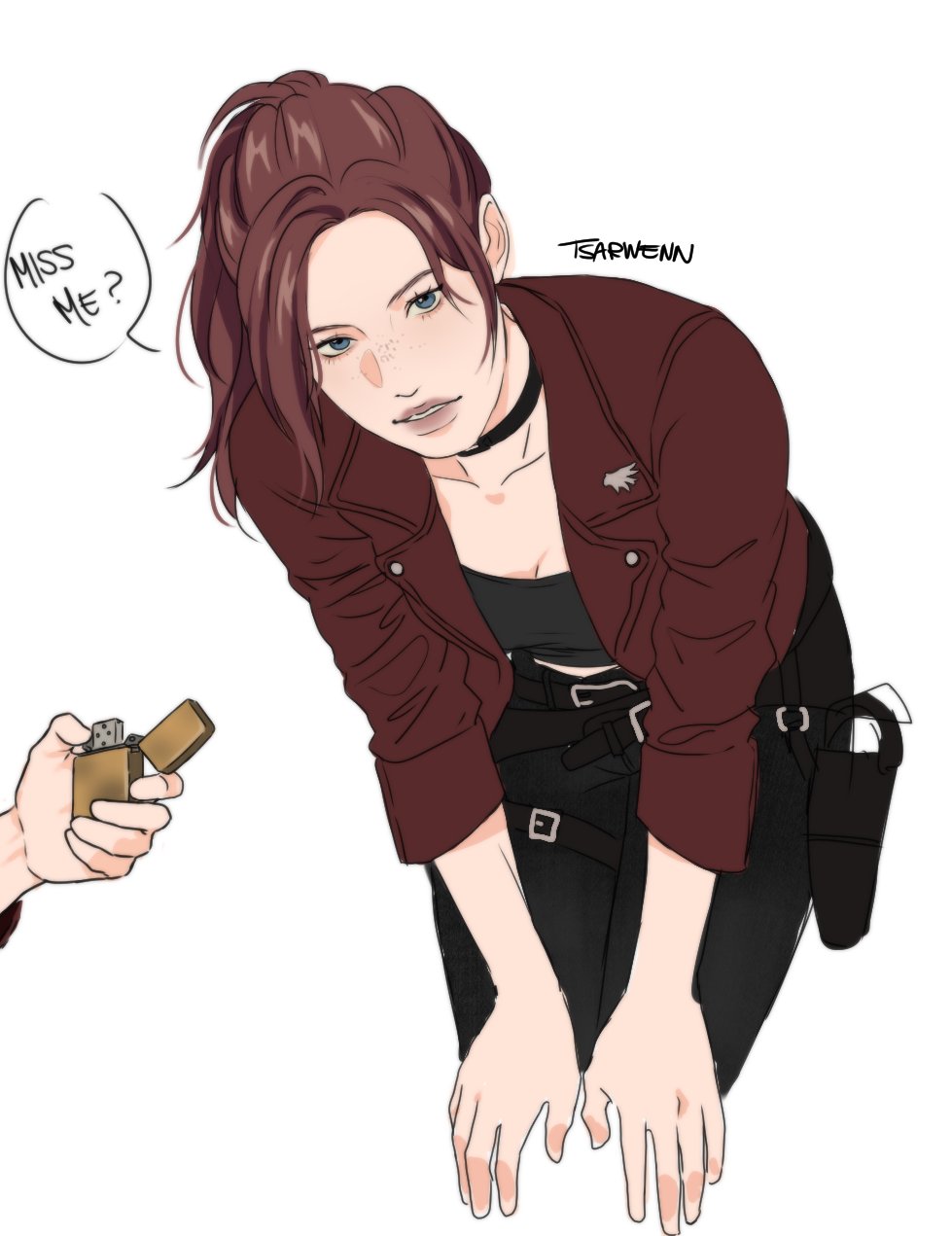 1girl, artist_name, black_shirt, blue_eyes, breasts, brown_hair, claire_redfield, commentary