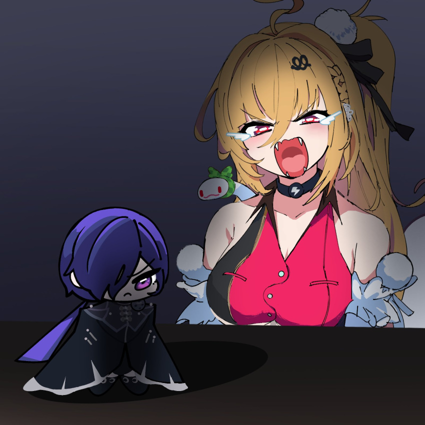 2girls, ahoge, angry_sex, animal, bare_shoulders, black_cloak, blonde_hair, blush