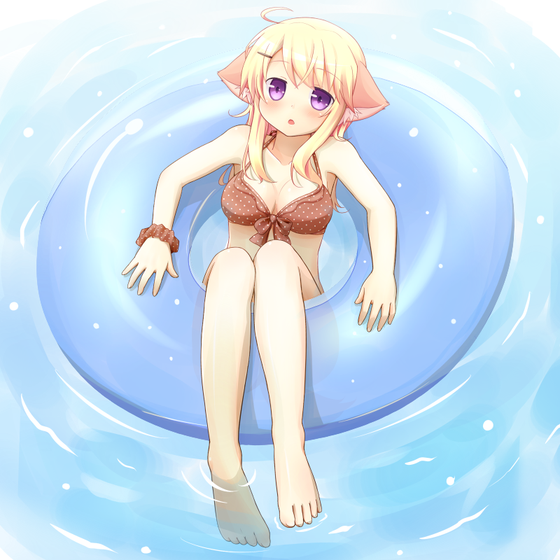 1girl, barefoot, bikini, blonde_hair, breasts, cat_ears, cleavage, feet