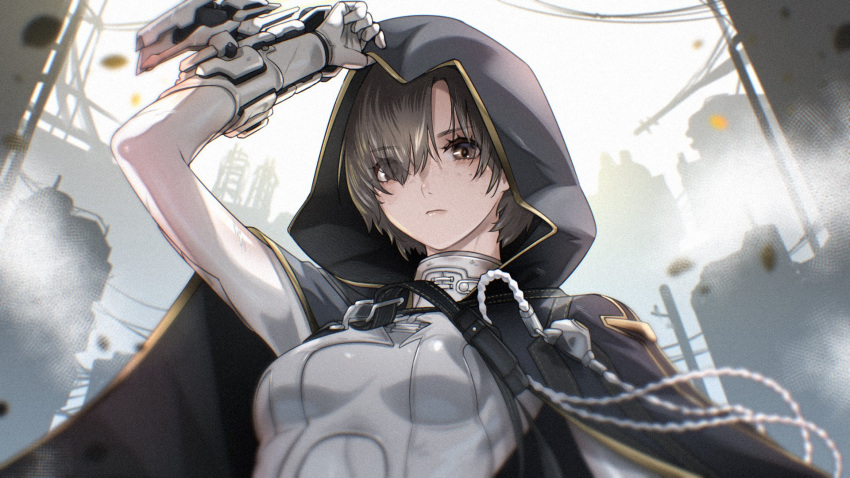 1girl, black_cape, bodysuit, breasts, brown_eyes, brown_hair, cape, closed_mouth