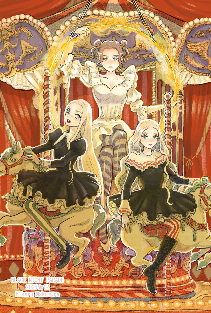 3girls, black_dress, black_night_parade, blonde_hair, blue_eyes, carousel, closed_mouth, commentary_request