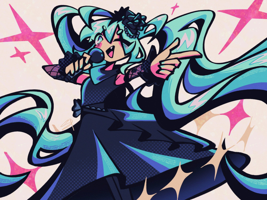 1girl, black_pantyhose, blue_dress, blue_eyes, blue_hair, blue_nails, blush, camellia_(musician), collar, detached_sleeves, dress, fishnet_sleeves, fishnets, flower, frilled_sleeves, frills, hair_flower, hair_ornament, hatsune_miku, highres, holding, holding_microphone, long_hair, looking_at_viewer, microphone, one_eye_closed, open_mouth, pantyhose, pearl_hair_ornament, pointing, sharp_teeth, simple_background, spinnyternally, star_(symbol), teeth, thick_eyebrows, twintails, upper_teeth_only, very_long_hair, vocaloid, wavy_hair