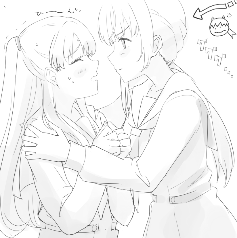 2girls, anger_vein, annoyed, arrow_(symbol), clenched_hands, commentary_request, doodle_inset, dress
