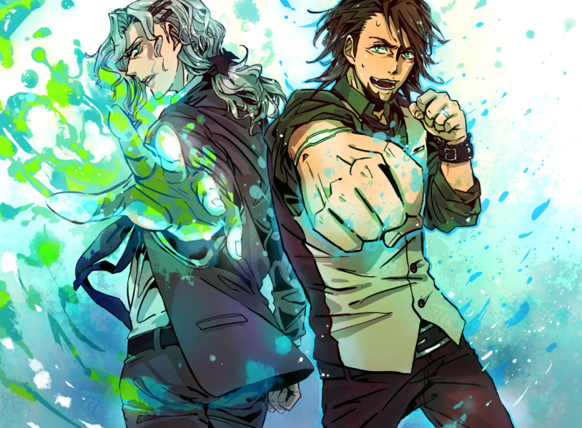 2boys, bad_id, blue_flame, bow, bracelet, brown_eyes, brown_hair, facial_hair