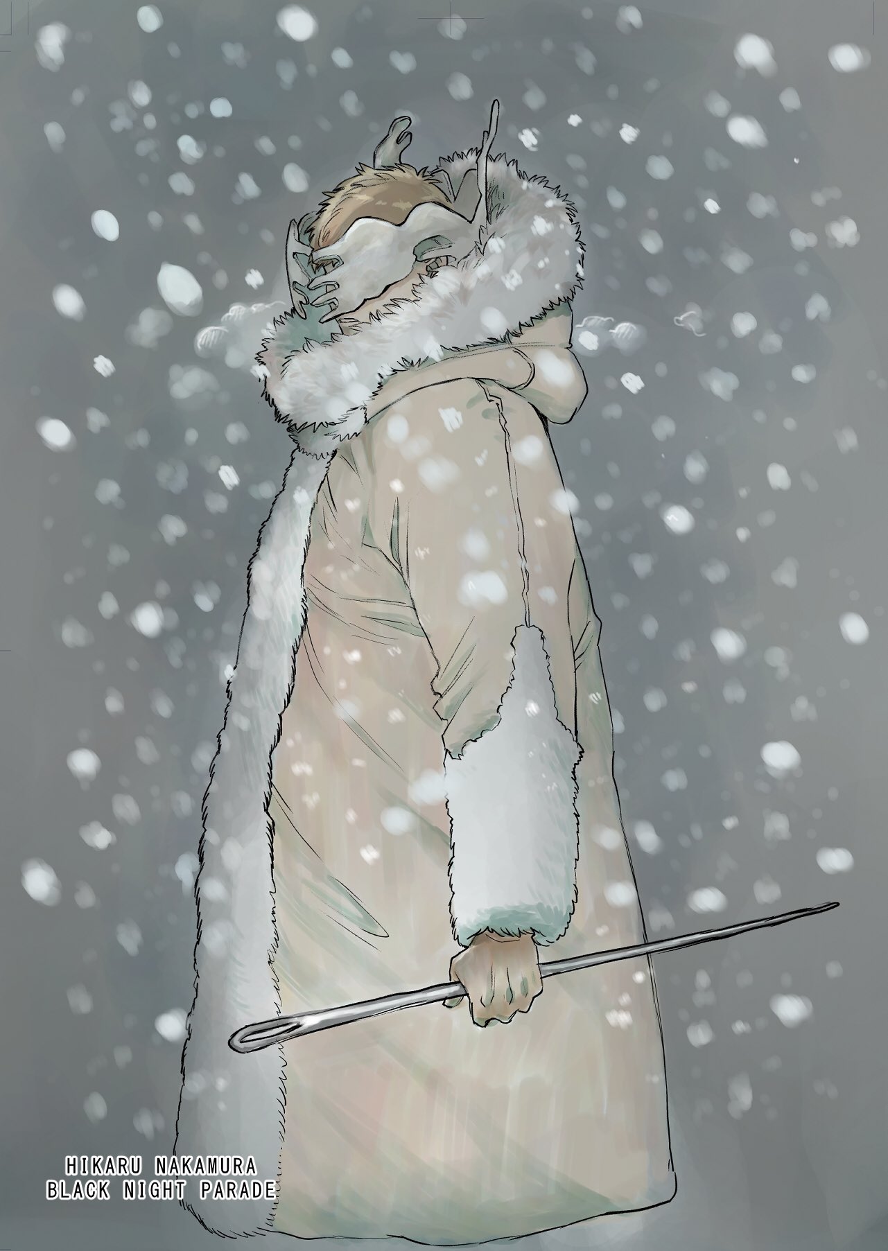 1boy, antlers, black_night_parade, blonde_hair, coat, commentary_request, covered_eyes, fur-trimmed_coat