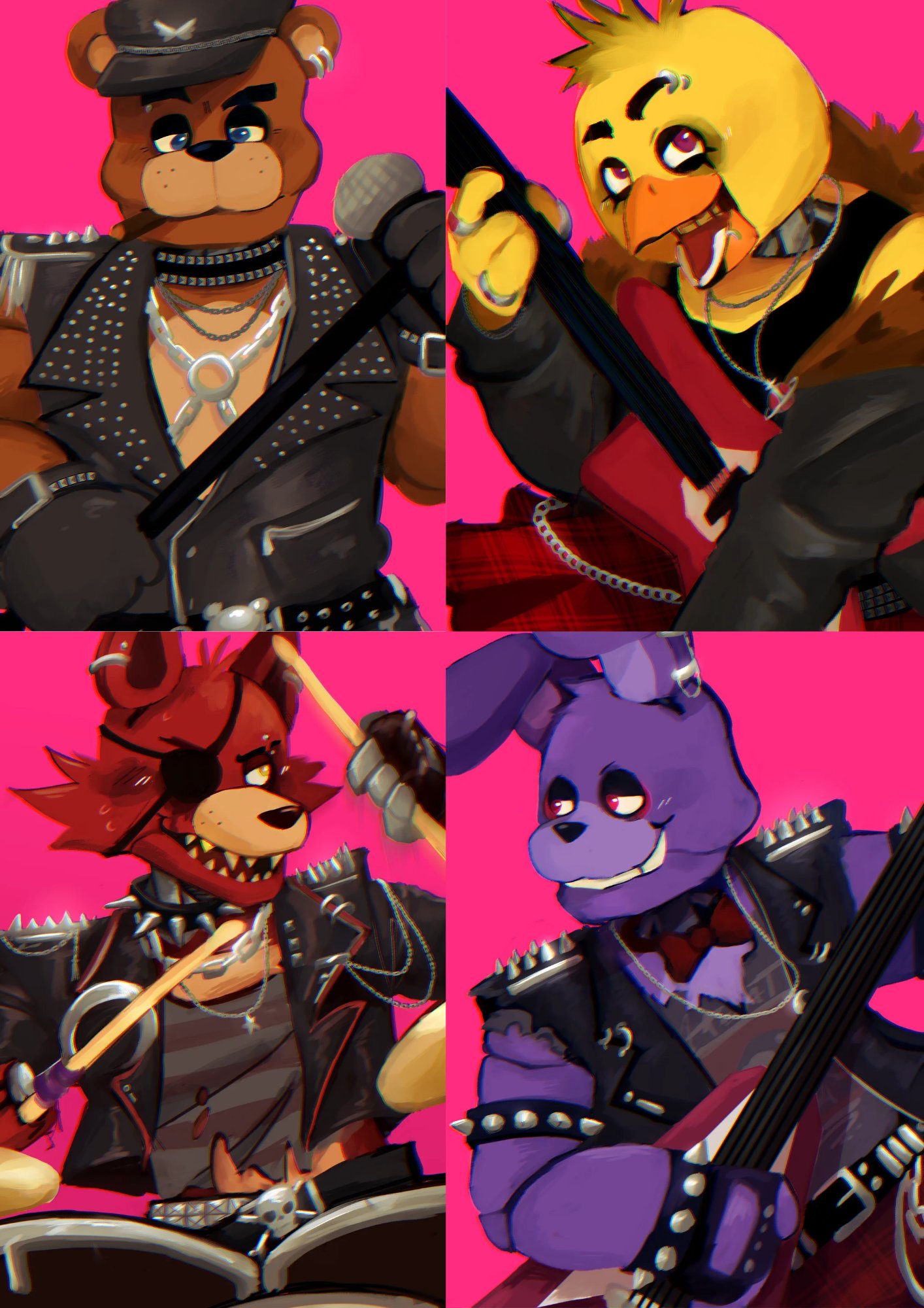 1girl, 3boys, animal_ears, armlet, artissijam, bass_guitar, beak, bear_boy