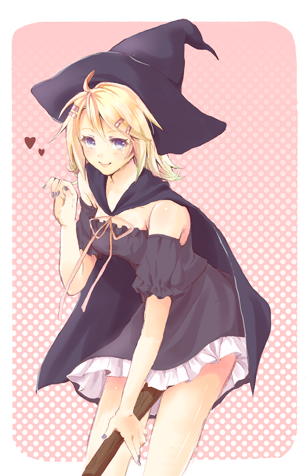 blonde_hair, blue_eyes, broom, frills, hair_ornament, hairclip, hat, heart, kagamine_rin, kijikko, kojiki, pleated_dress, short_dress, short_hair, smile, solo, vocaloid, witch, witch_hat