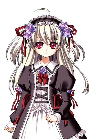 1girl, ahoge, anastasia_augusto, blonde_hair, dress, expressionless, flower, frills