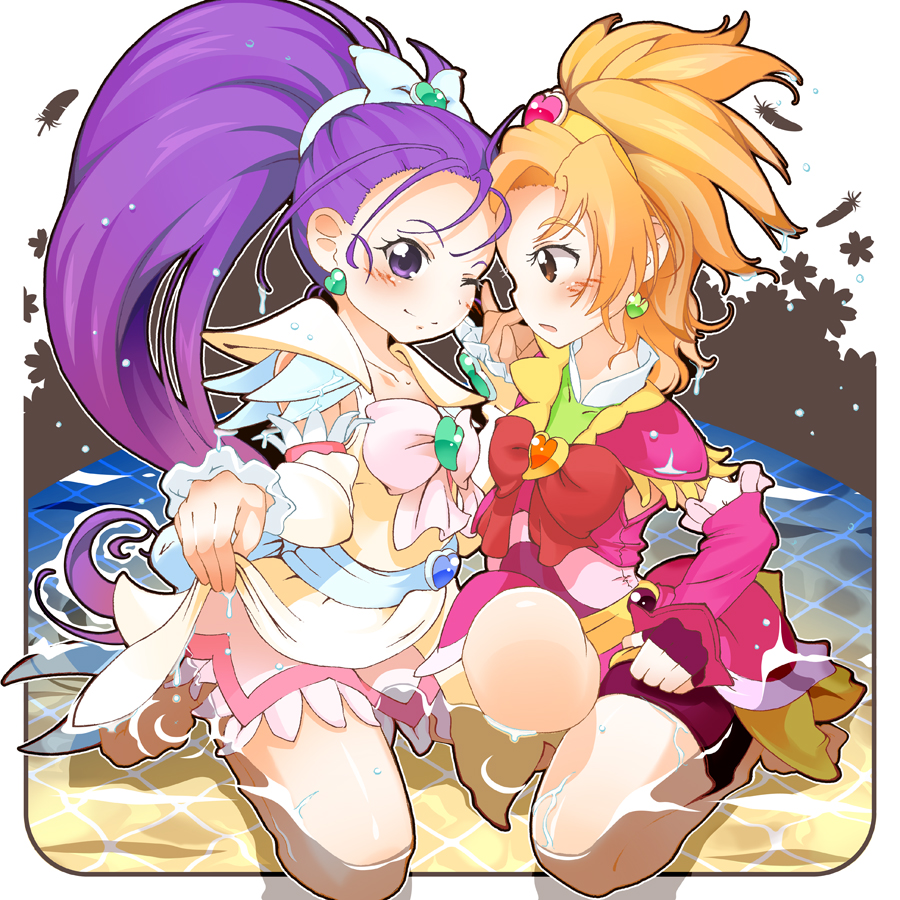 ao_yasai, blush, bow, brooch, brown_eyes, brown_hair, cure_bloom, cure_egret, dress, earrings, futari_wa_precure_splash_star, gloves, hair_ribbon, hairband, hand_holding, heart, holding_hands, hyuuga_saki, jewelry, kneeling, long_hair, magical_girl, mishou_mai, multiple_girls, ponytail, precure, purple_eyes, purple_hair, ribbon, shorts_under_skirt, smile, submerged, violet_eyes, water, wink