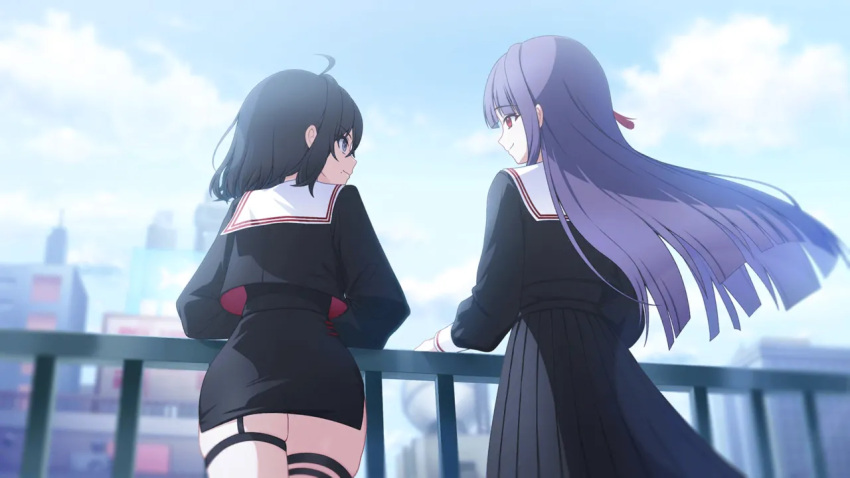 2girls, ahoge, artist_request, black_hair, black_serafuku, black_shirt, black_skirt, blue_sky