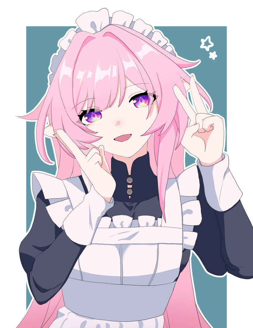 1girl, absurdres, alternate_costume, apron, black_dress, blue_background, border, breasts