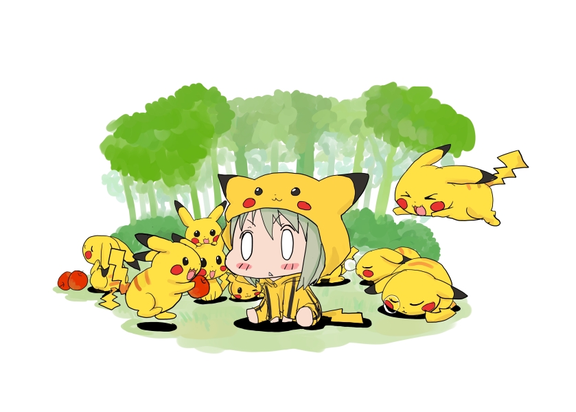 1girl, animal_costume, apple, baku_taso, blonde_hair, blush, chibi, cosplay