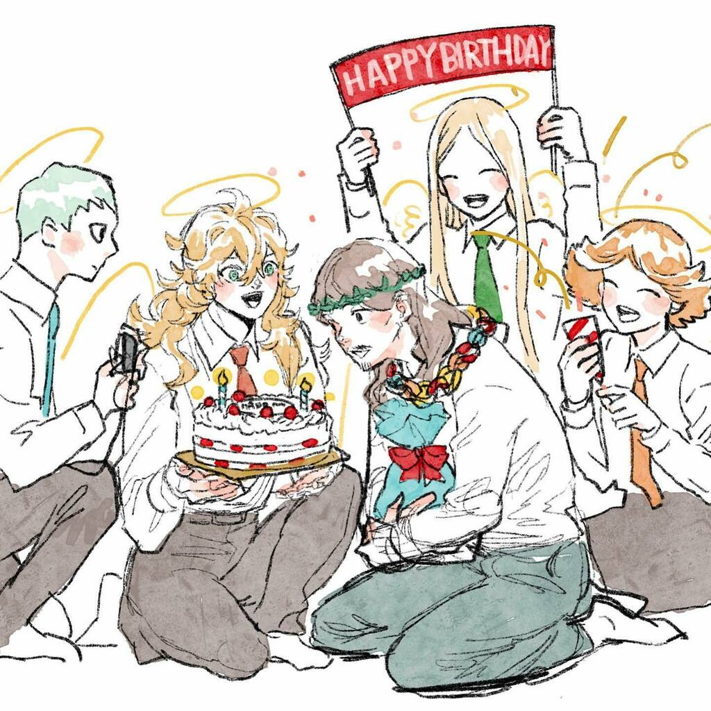 5boys, birthday_cake, black_eyes, black_pants, blonde_hair, blue_hair, blue_necktie, blush