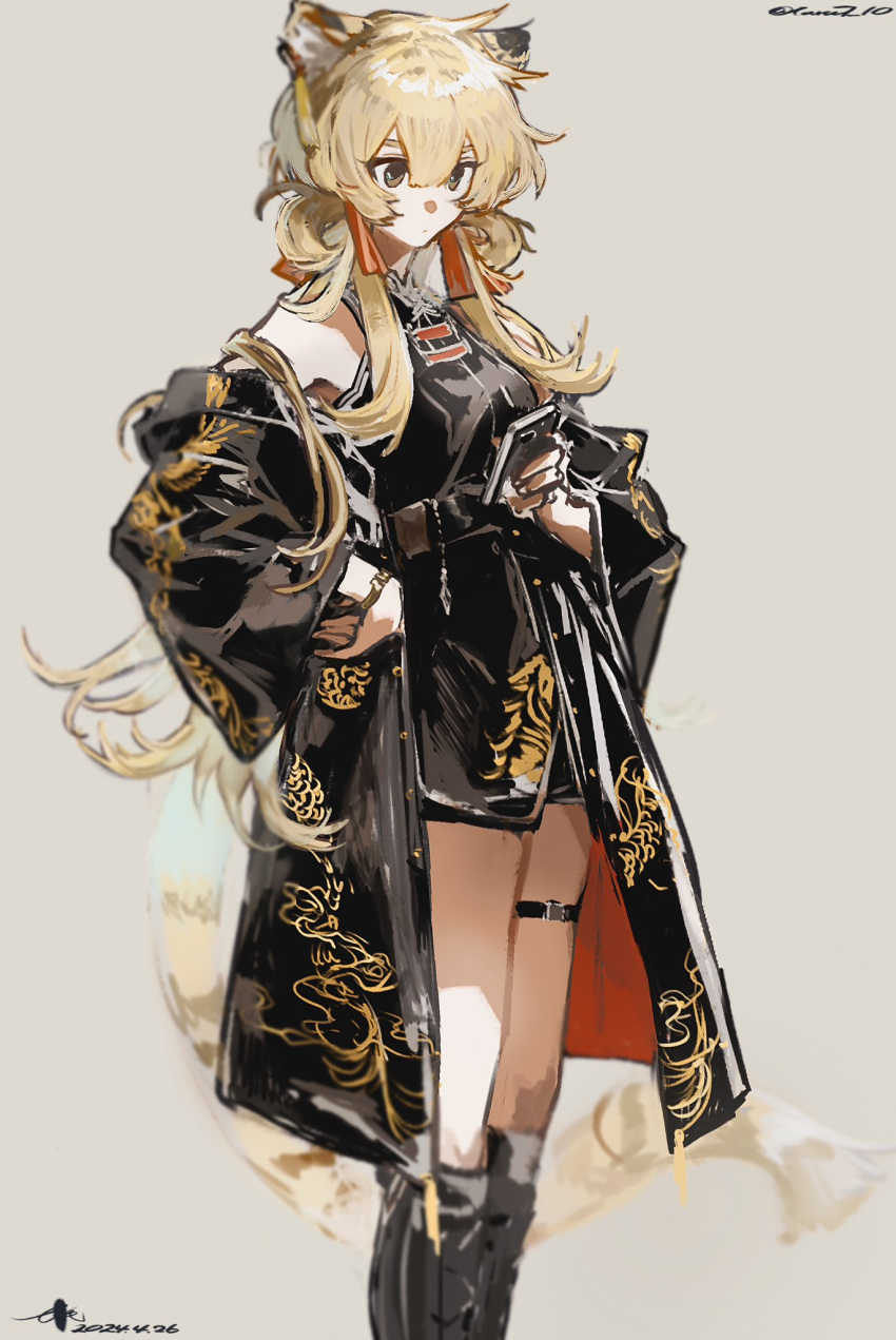 1girl, animal_ears, arknights, belt, black_boots, black_coat, black_dress, black_jacket