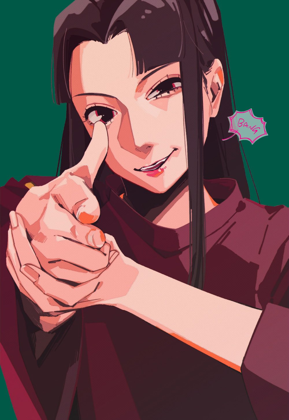 1girl, aiming, aiming_at_viewer, brown_hair, commentary_request, eyelashes, green_background, hareko_sun