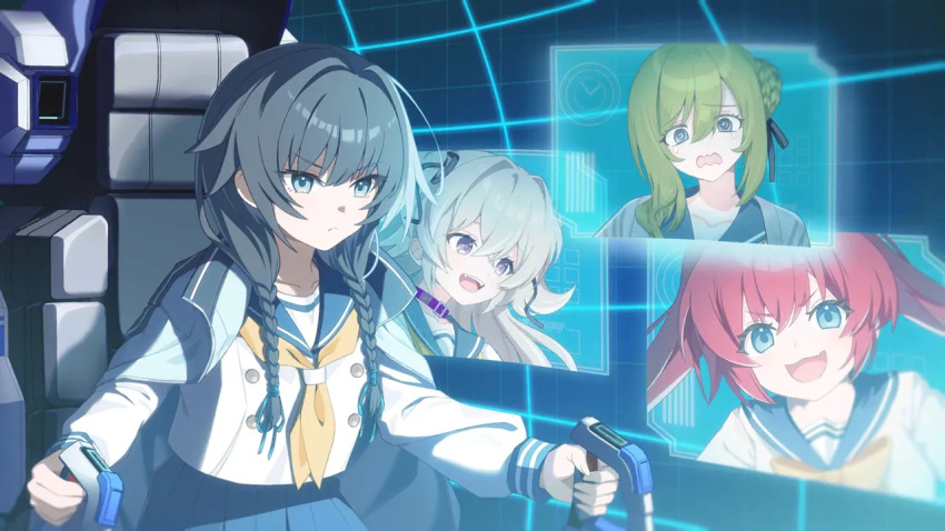 4girls, @_@, aqua_jacket, artist_request, black_hair, black_ribbon, blue_eyes, blue_ribbon, blue_sailor_collar, blue_skirt, braid, braided_bun, brown_hair, closed_mouth, cockpit, collar, control_stick, flight_stick, game_asset, green_hair, hair_bun, hair_ribbon, himukai_shinka, jacket, jacket_on_shoulders, julie_stacy, kuromori_laura, long_hair, low_twin_braids, multicolored_hair, multiple_girls, muv-luv, muv-luv_girls_garden, neckerchief, noelle_arouet, official_art, open_mouth, pilot, pilot_chair, piloting, purple_collar, red_hair, ribbon, sailor_collar, school_uniform, screen, serafuku, side_braid, single_hair_bun, sitting, skirt, teeth, third-party_source, twin_braids, twintails, upper_teeth_only, violet_eyes, white_hair, white_serafuku, yellow_neckerchief