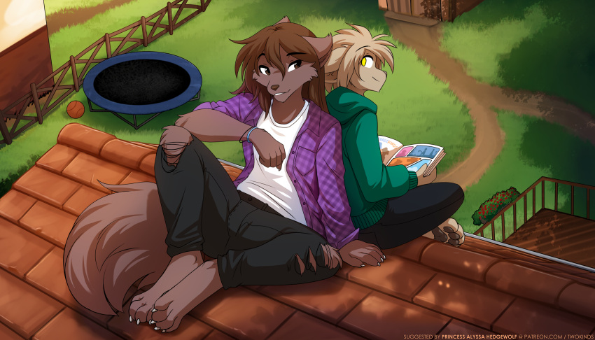 2boys, animal_ears, animal_feet, arm_support, back-to-back, ball, barefoot, basitin_(twokinds)