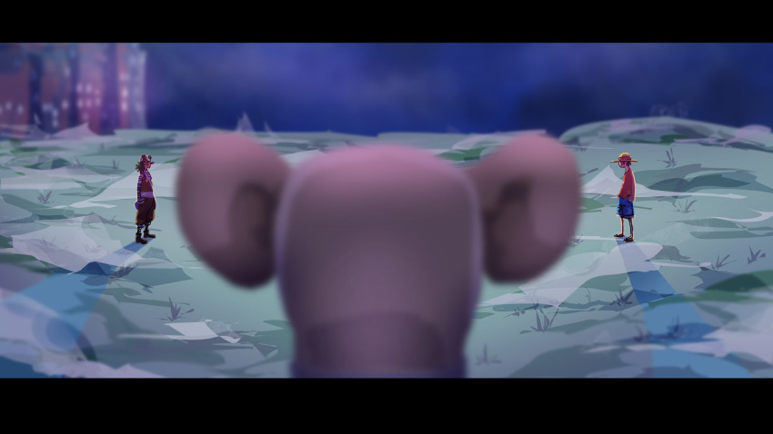 2boys, blue_shorts, brown_overalls, commentary, courtneyemmet, full_body, going_merry, hat