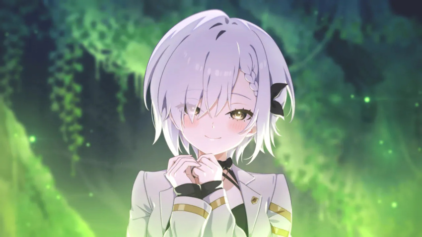 1girl, artist_request, black_bow, black_choker, black_shirt, blush, bow, braid