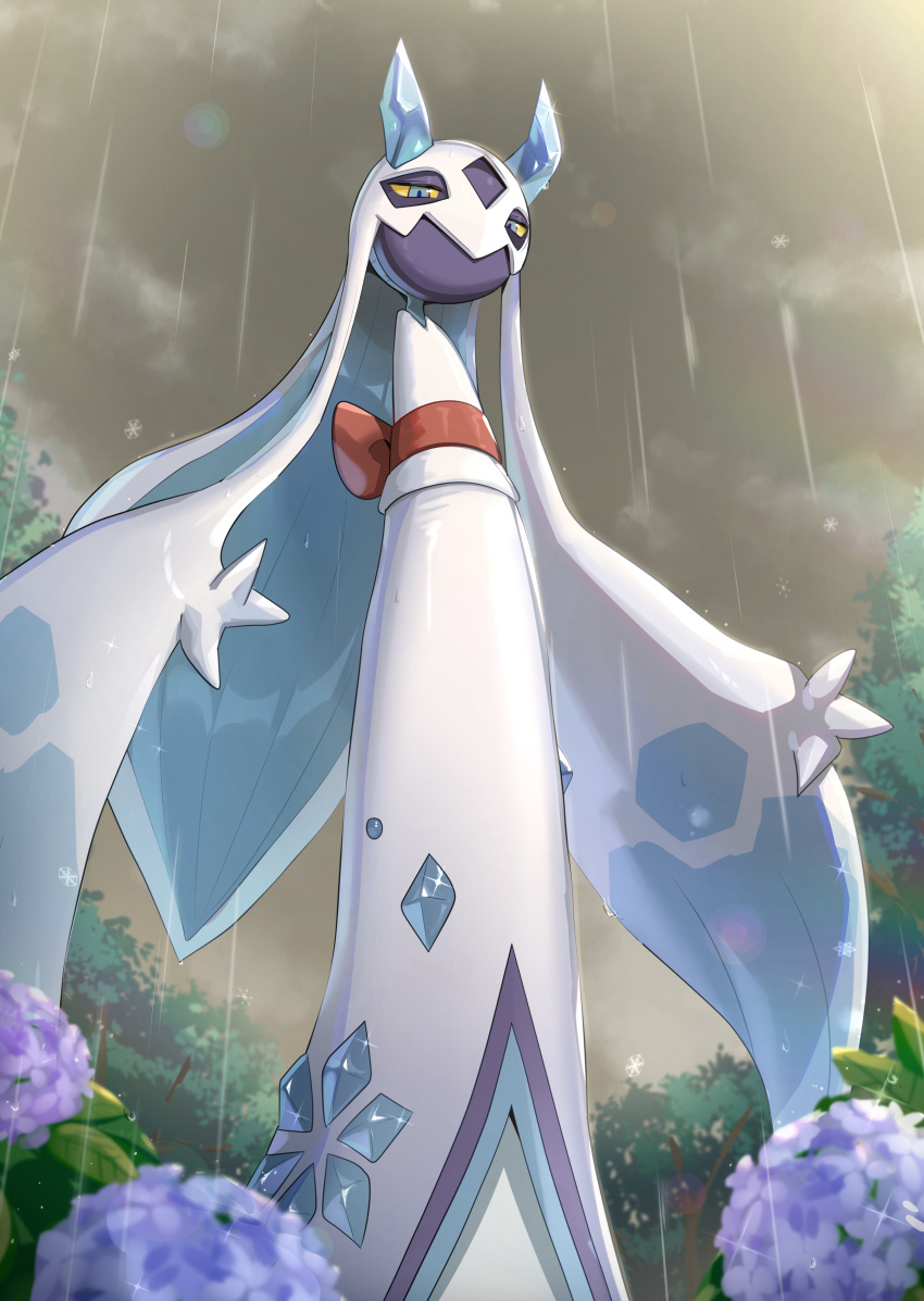 absurdres, blue_eyes, blue_sclera, closed_mouth, clouds, cloudy_sky, colored_sclera, commentary_request, flower, froslass, gonzarez, highres, horns, ice, ice_horns, mega_froslass, mega_pokemon, no_humans, outdoors, pokemon, pokemon_(creature), pokemon_focus, rain, rainn, sky, solo, yellow_sclera