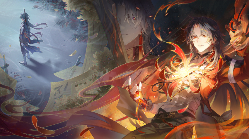 3boys, absurdres, bandaged_chest, black_hair, blade_(honkai:_star_rail), chinese_clothes, commentary_request, earrings, flower, glowing_flower, grey_hair, highres, holding, holding_behind_back, holding_sword, holding_sword_behind_back, holding_weapon, holding_weapon_behind_back, honkai:_star_rail, honkai_(series), jacket, jewelry, kid_o_kido, long_hair, male_focus, mortenax_blade_(honkai:_star_rail), multiple_boys, multiple_persona, multiple_views, pants, planted, planted_sword, red_eyes, red_jacket, spider_lily, sword, tassel, tassel_earrings, very_long_hair, weapon, yingxing_(honkai:_star_rail)