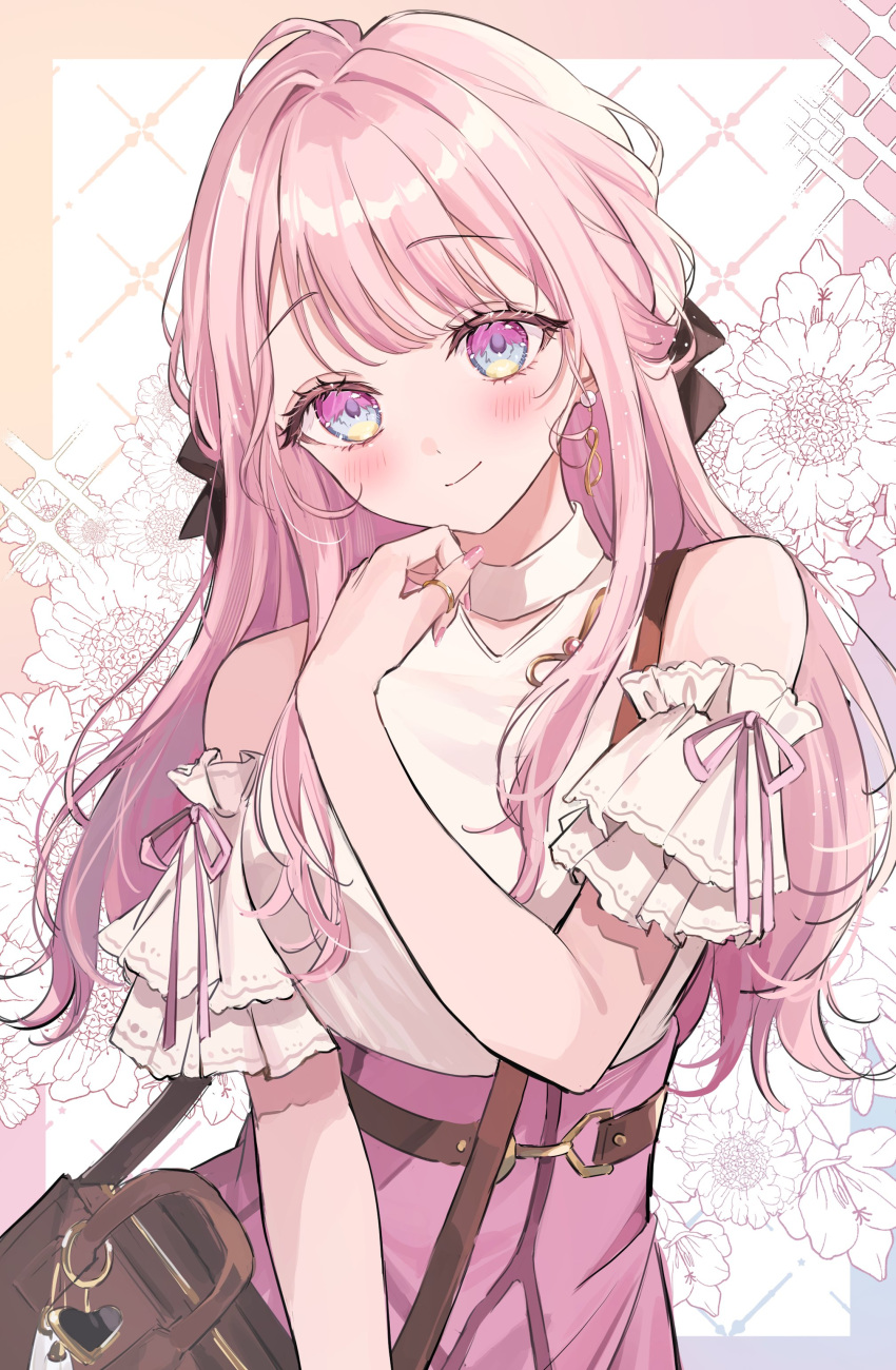 1girl, absurdres, bag, black_hair, blush, commentary, dress, earrings
