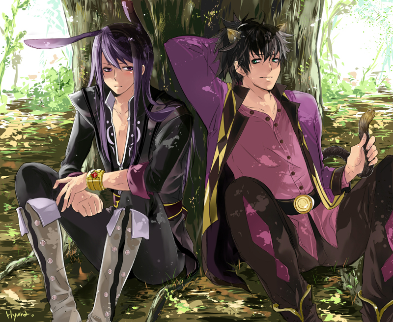 animal_ears, belt, black_eyes, black_hair, boots, bracelet, bunny_ears, cat_ears, cat_tail, coat, frown, green_eyes, hyura1004, jewelry, kemonomimi_mode, long_hair, male, messy_hair, multiple_boys, outdoors, pants, raven, raven_(tov), sitting, smile, tail, tales_of_(series), tales_of_vesperia, tree, yuri_lowell
