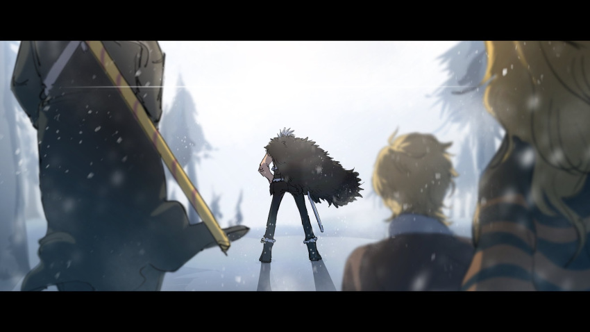 1girl, 3boys, back, blonde_hair, boots, cape, character_request, coat