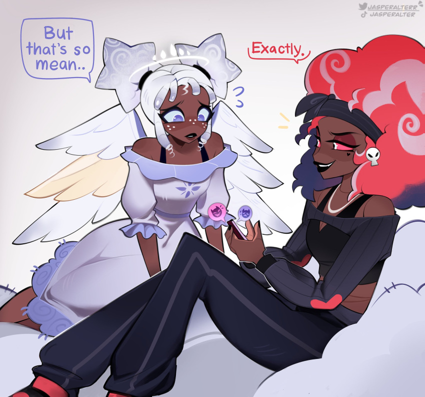 2girls, afro, angel, angel_wings, commentary, curly_hair, dark-skinned_female, dark_skin, demon_girl, dress, emily_(hazbin_hotel), english_commentary, hazbin_hotel, hellaverse, highres, jasperalterr, looking_at_another, multiple_girls, pink_hair, star_hair_bun, velvette_(hazbin_hotel), white_dress, white_hair, wings